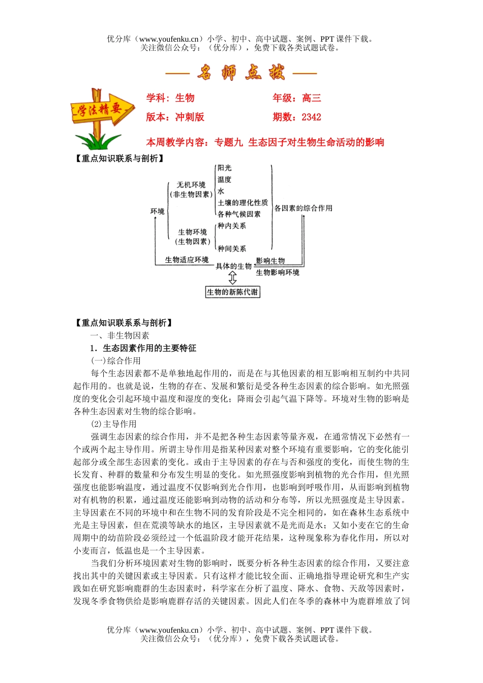 高中三年级生物专题九  生态因子对生命活动的影响试卷_第1页