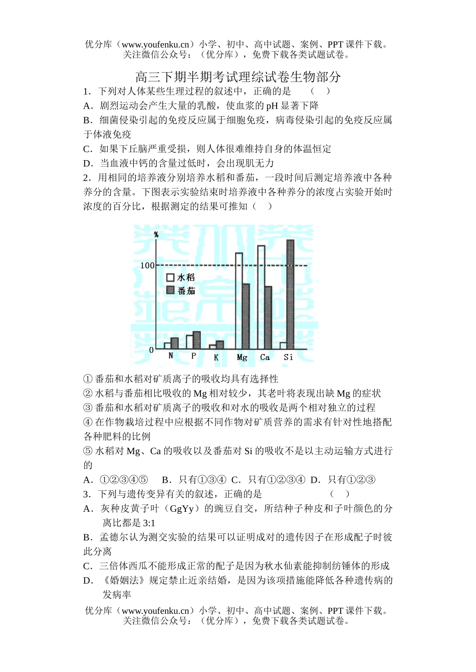 高中三年级生物下期半期考试理综部分试卷_第1页