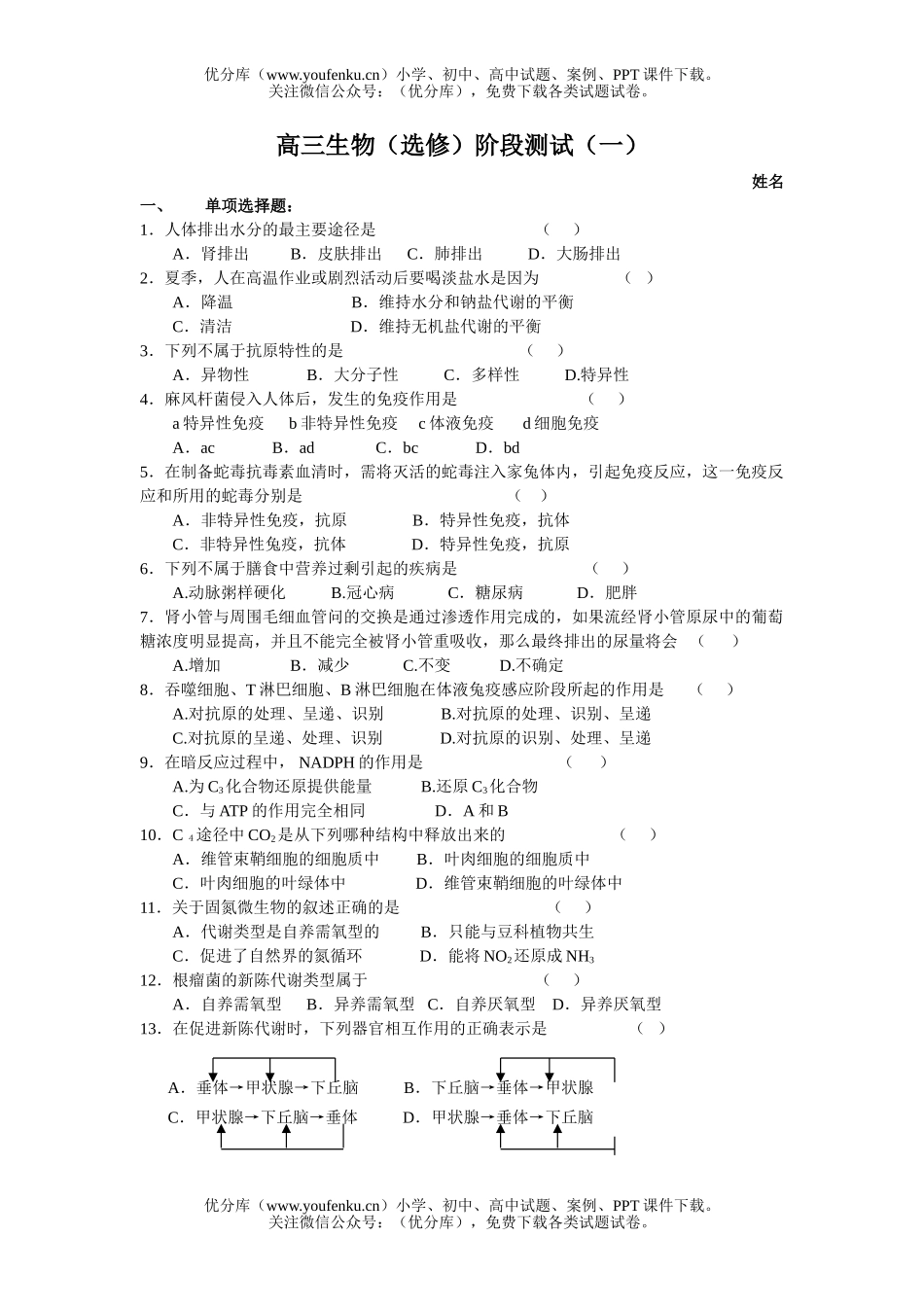 高中三年级生物(选修)阶段测试卷_第1页