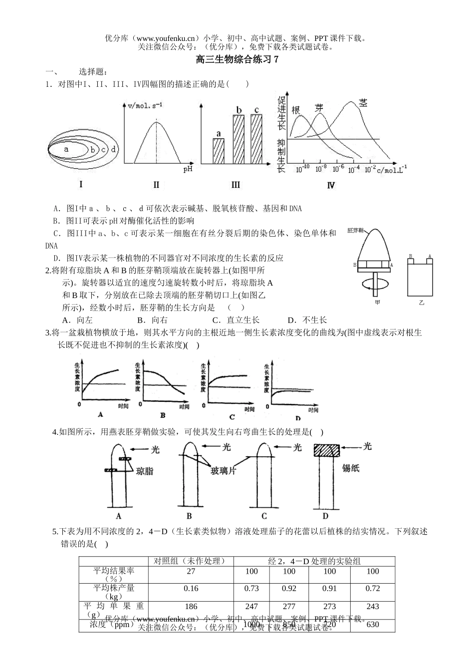高中三年级生物综合练习7试卷_第1页