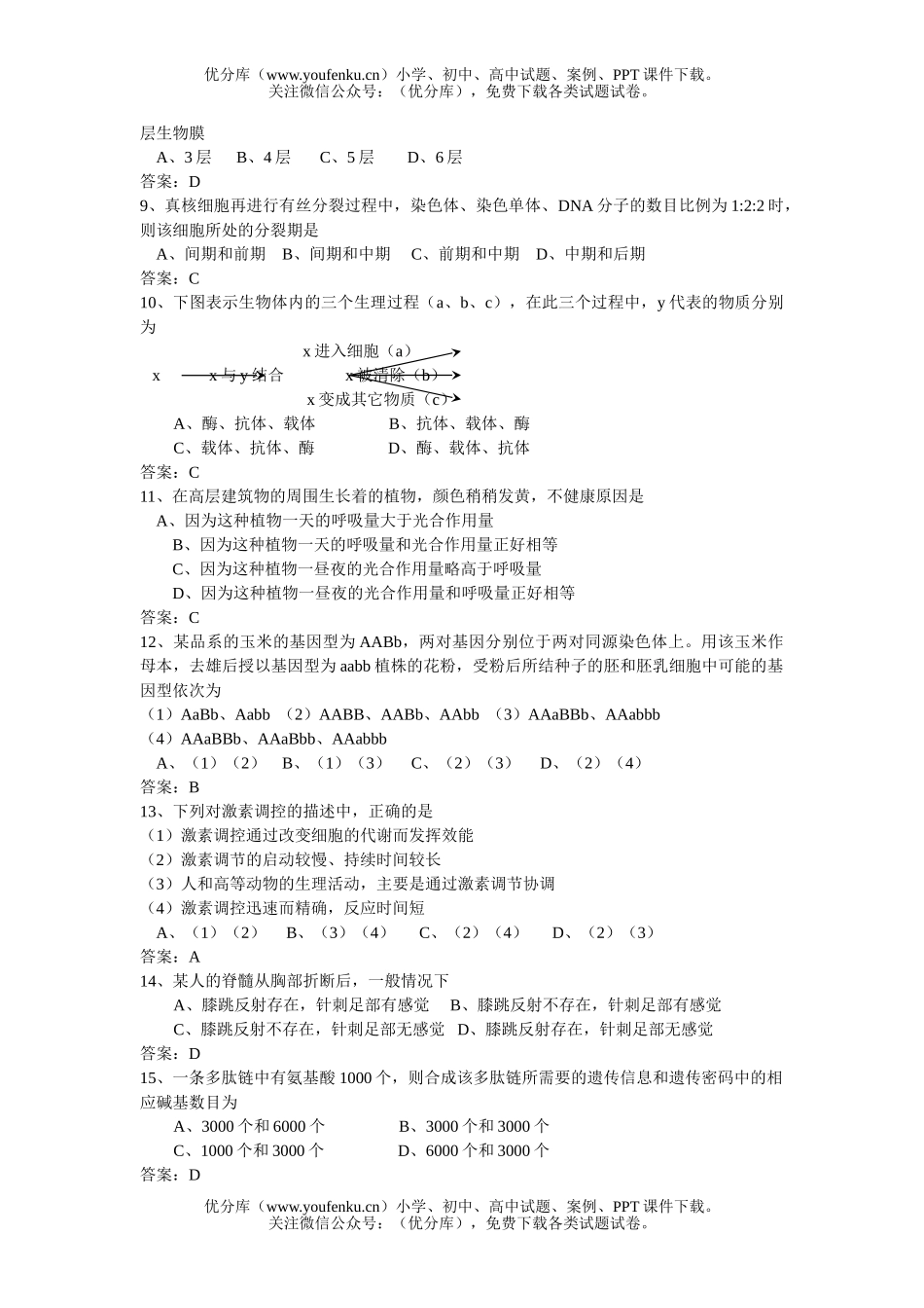高中三年级生物第一学期期终考试卷_第1页