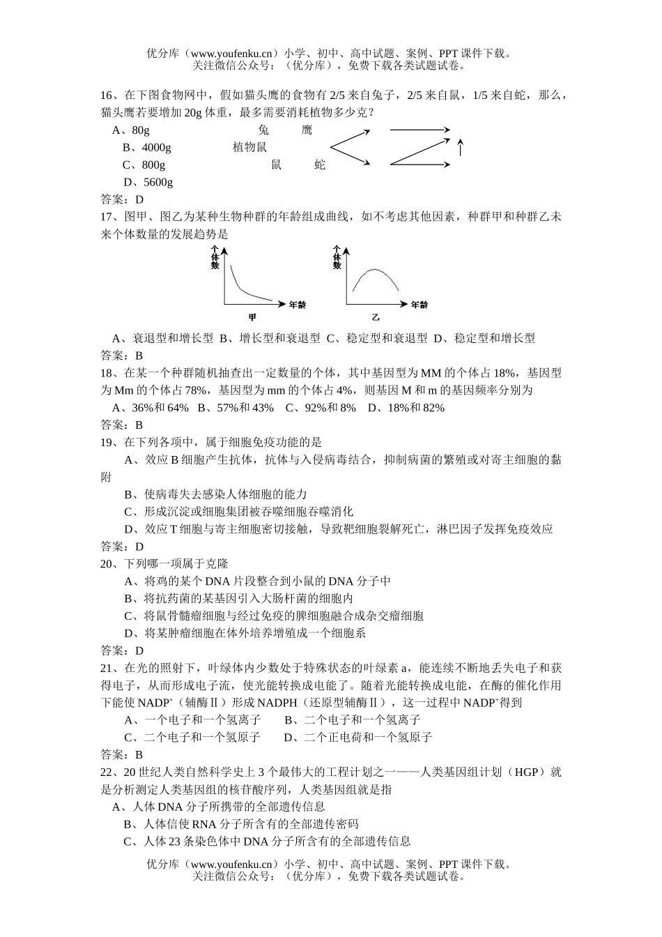 高中三年级生物第一学期期终考试卷_第2页