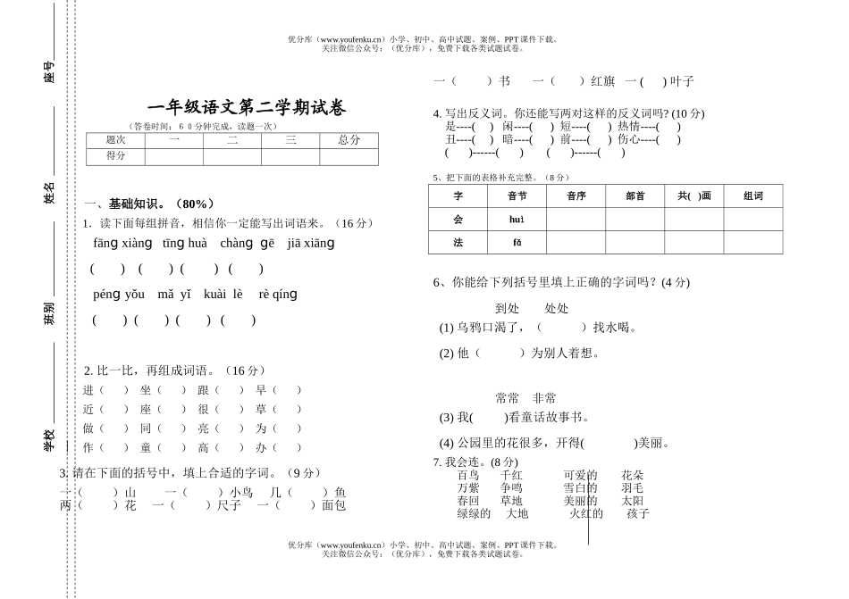小学一年级语文人教版第二学期期末检测试卷_第1页