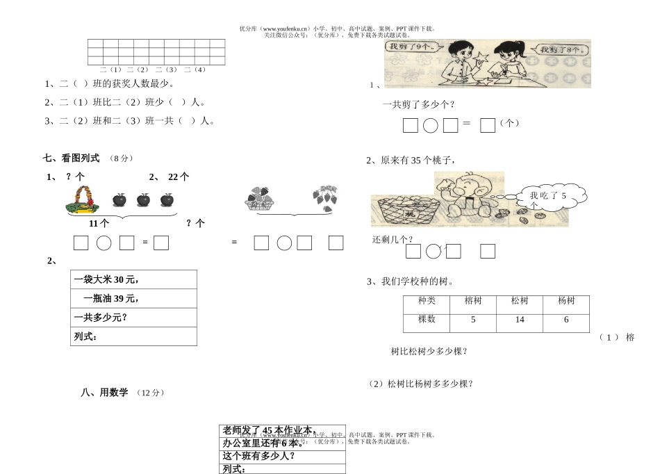 小学一年级数学下册综合试卷_第2页
