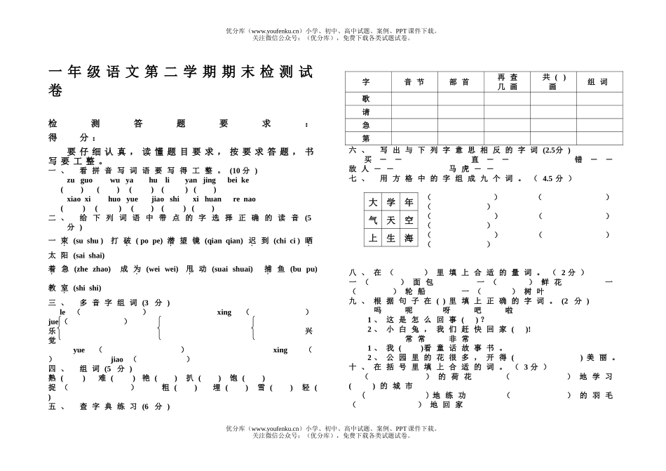 小学一年级语文第二学期期末检测2试卷_第1页