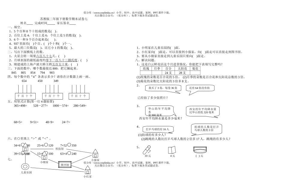 小学二年级数学苏教版下册期末7试卷_第1页