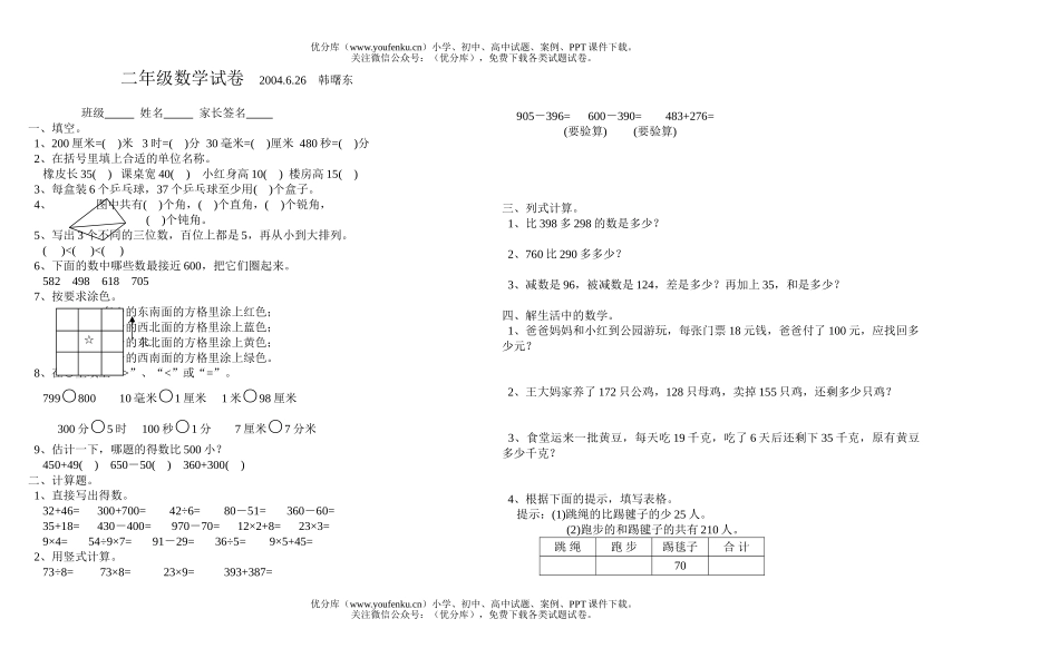 小学二年级数学苏教版下册期末6试卷_第3页