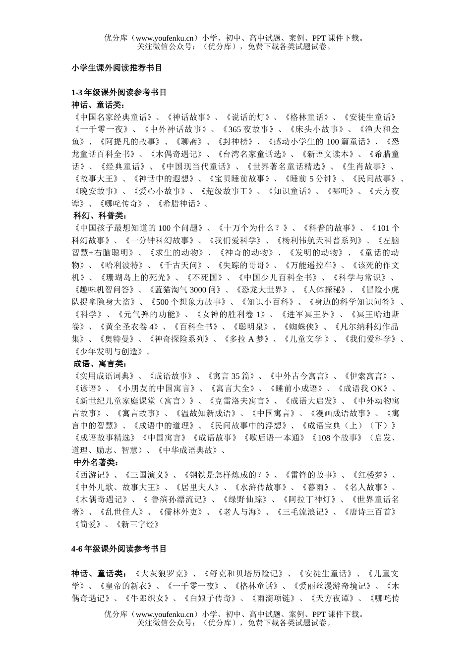 小学三年级语文人教版课外阅读推荐书目试卷_第1页