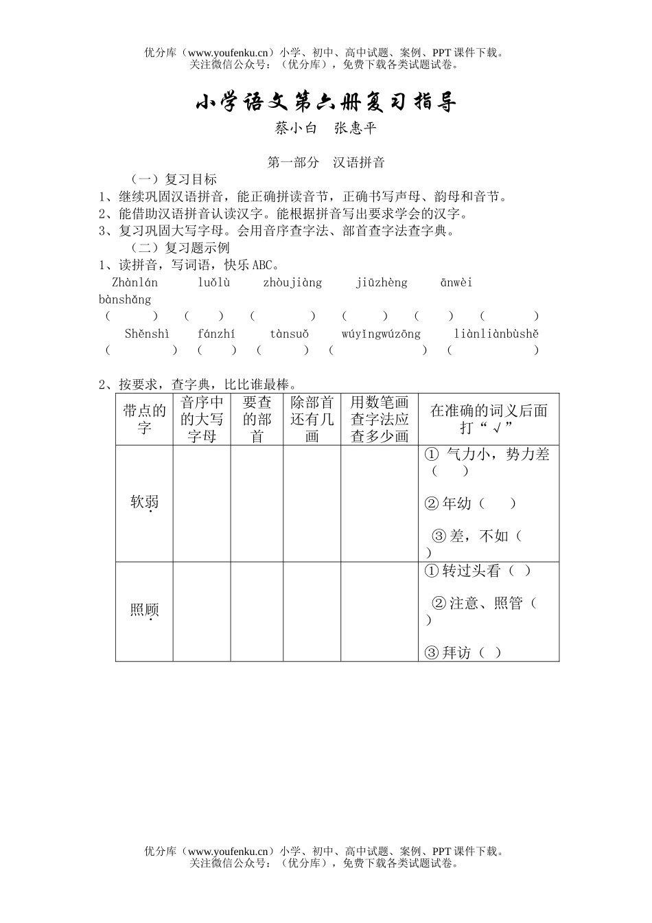 小学三年级语文人教版第六册汉语拼音复习指导试卷_第1页