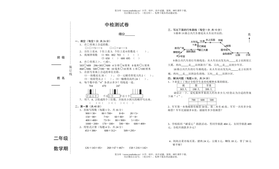 小学二年级数学苏教版下册期中试卷_第1页