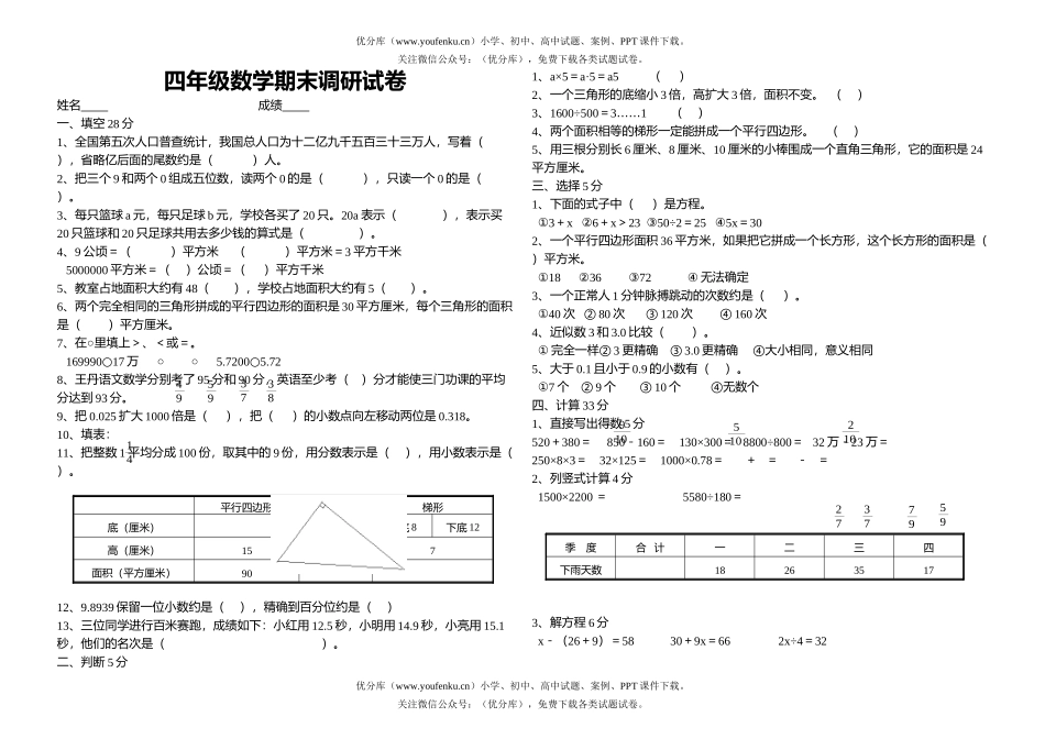 小学四年级数学苏教版第八册期末调研试卷_第1页