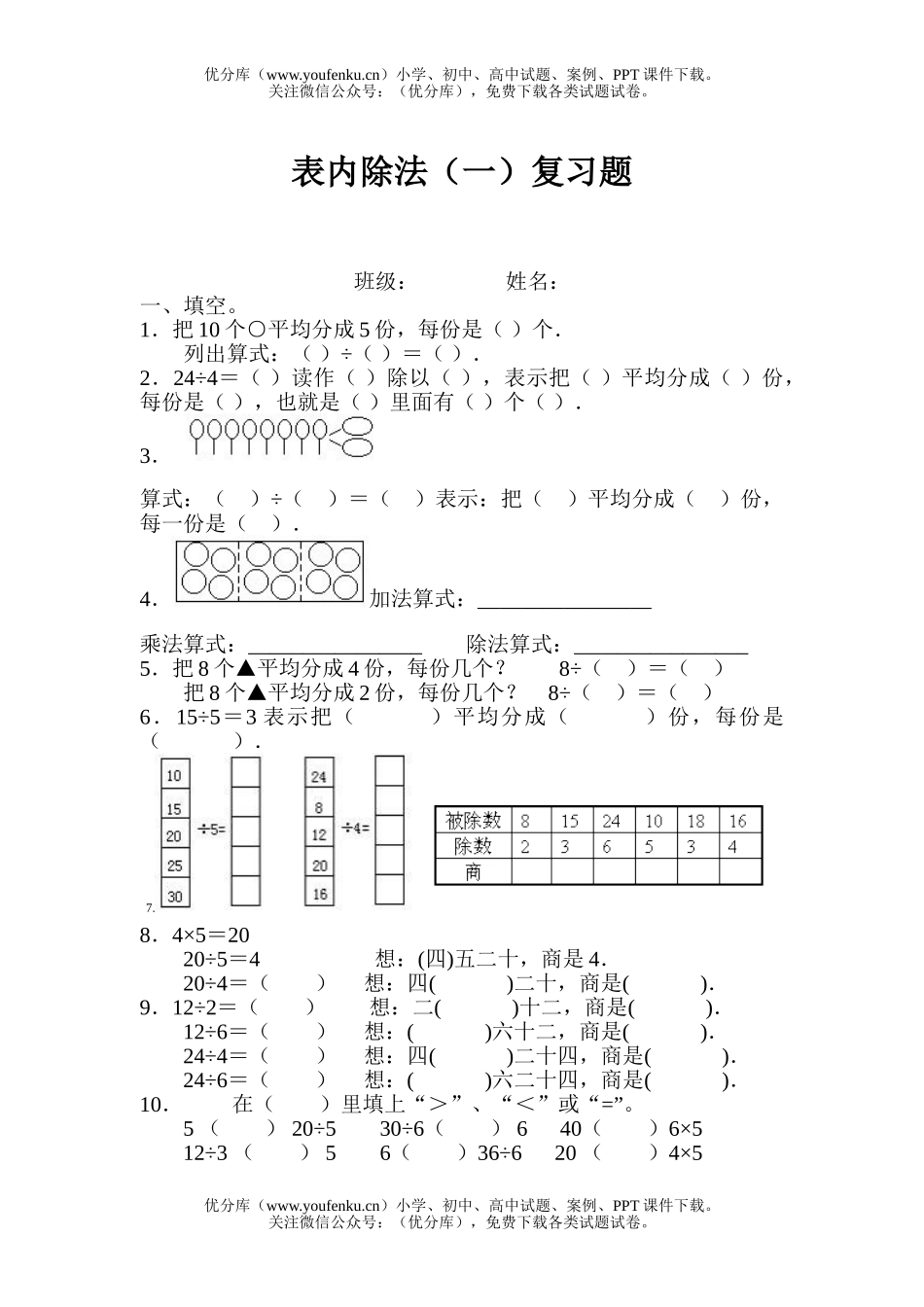 小学二年级数学下册表内除法练习题试卷_第1页