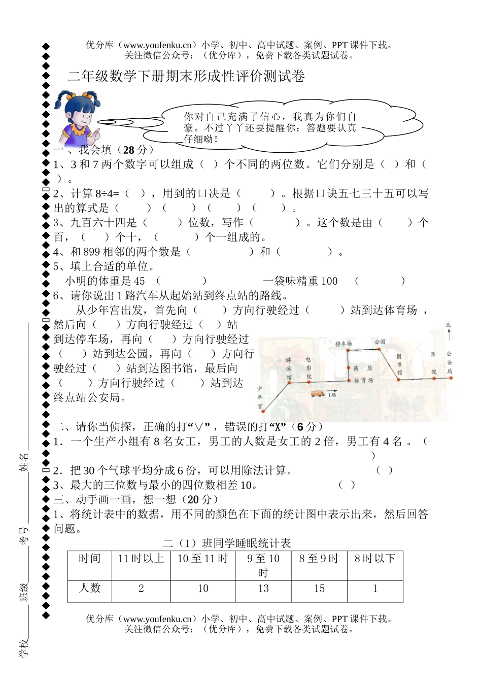 小学二年级数学下册期末形成性评价测试卷_第1页