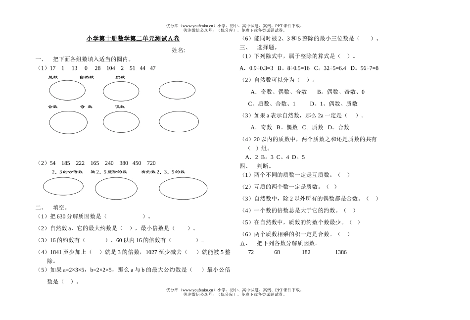小学五年级数学第十册第二单元测试卷_第1页