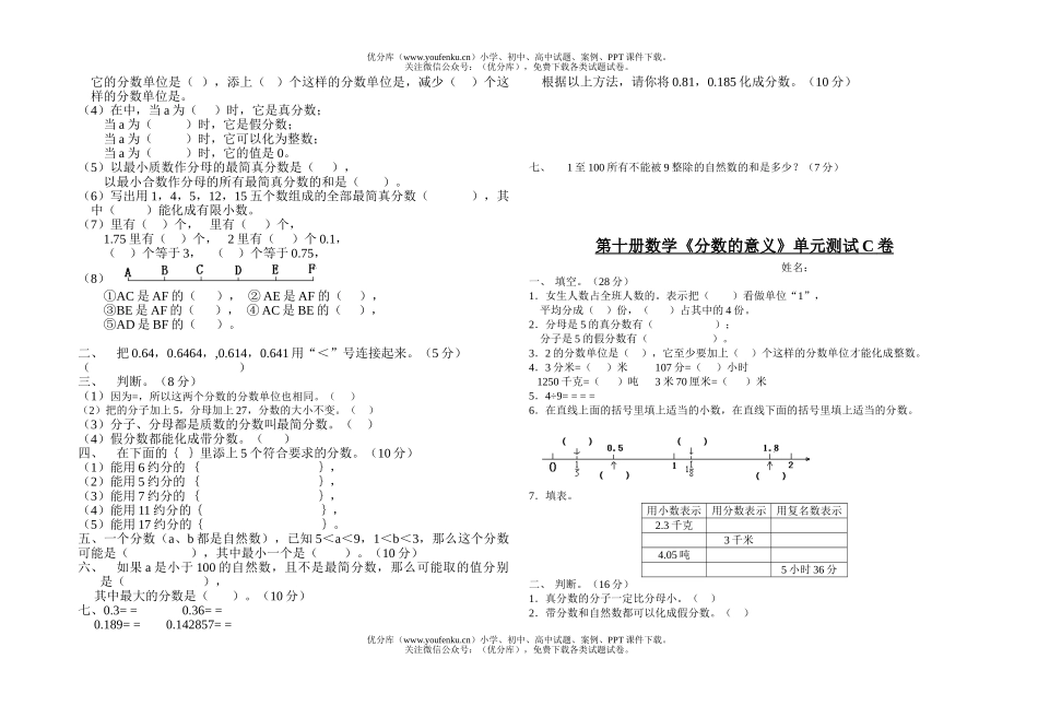 小学五年级数学第十册分数的意义单元测试卷_第2页