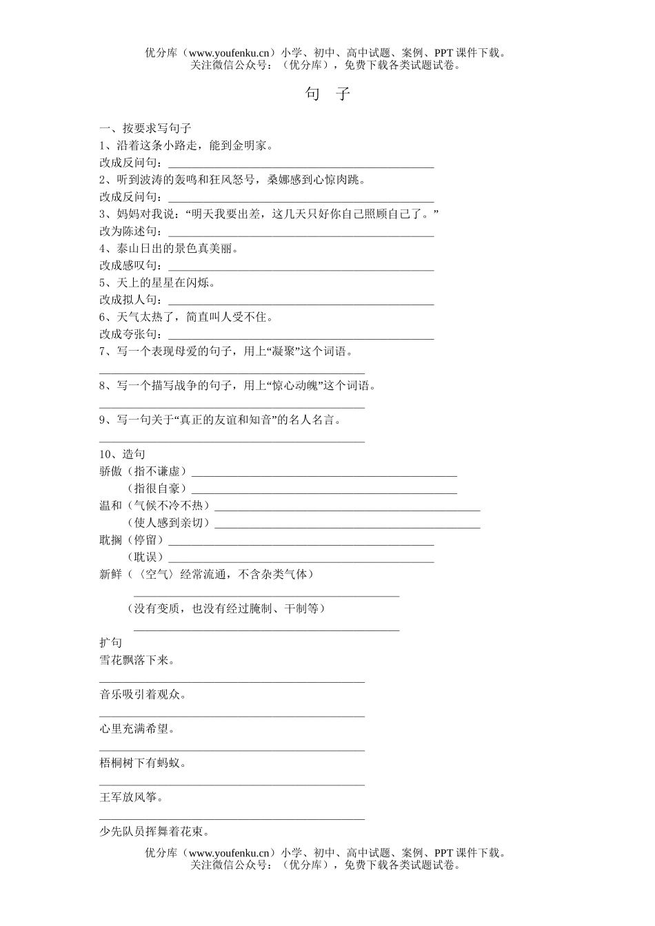 小学五年级语文各种句子练习试卷_第1页
