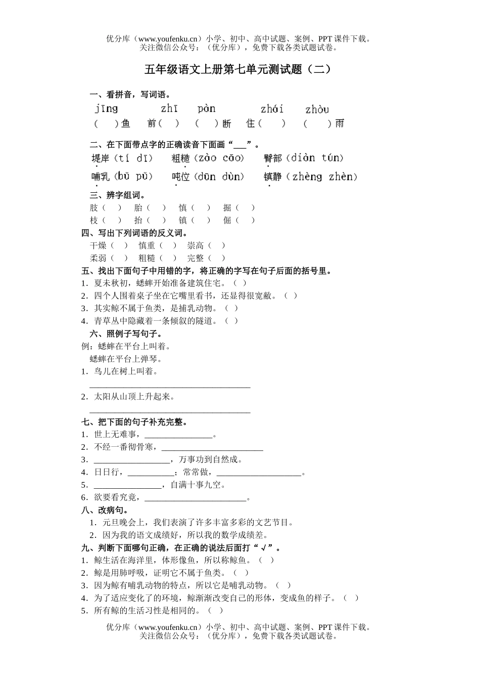 小学五年级语文人教版上册第七单元练习二试卷_第1页