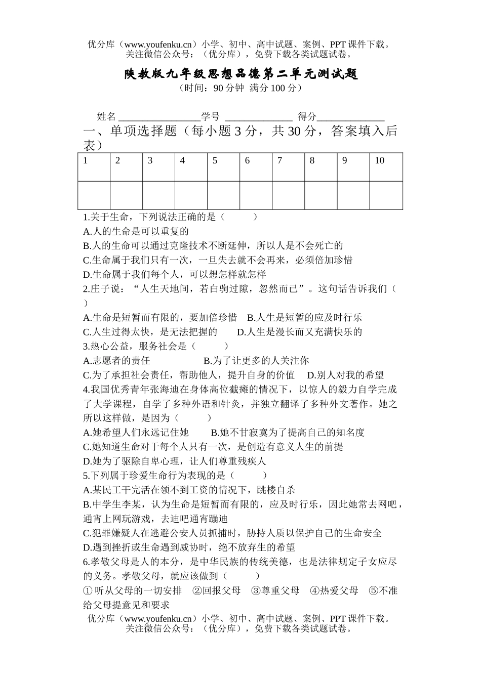 初中九年级政治思想品德上学期第二单元测试卷_第1页