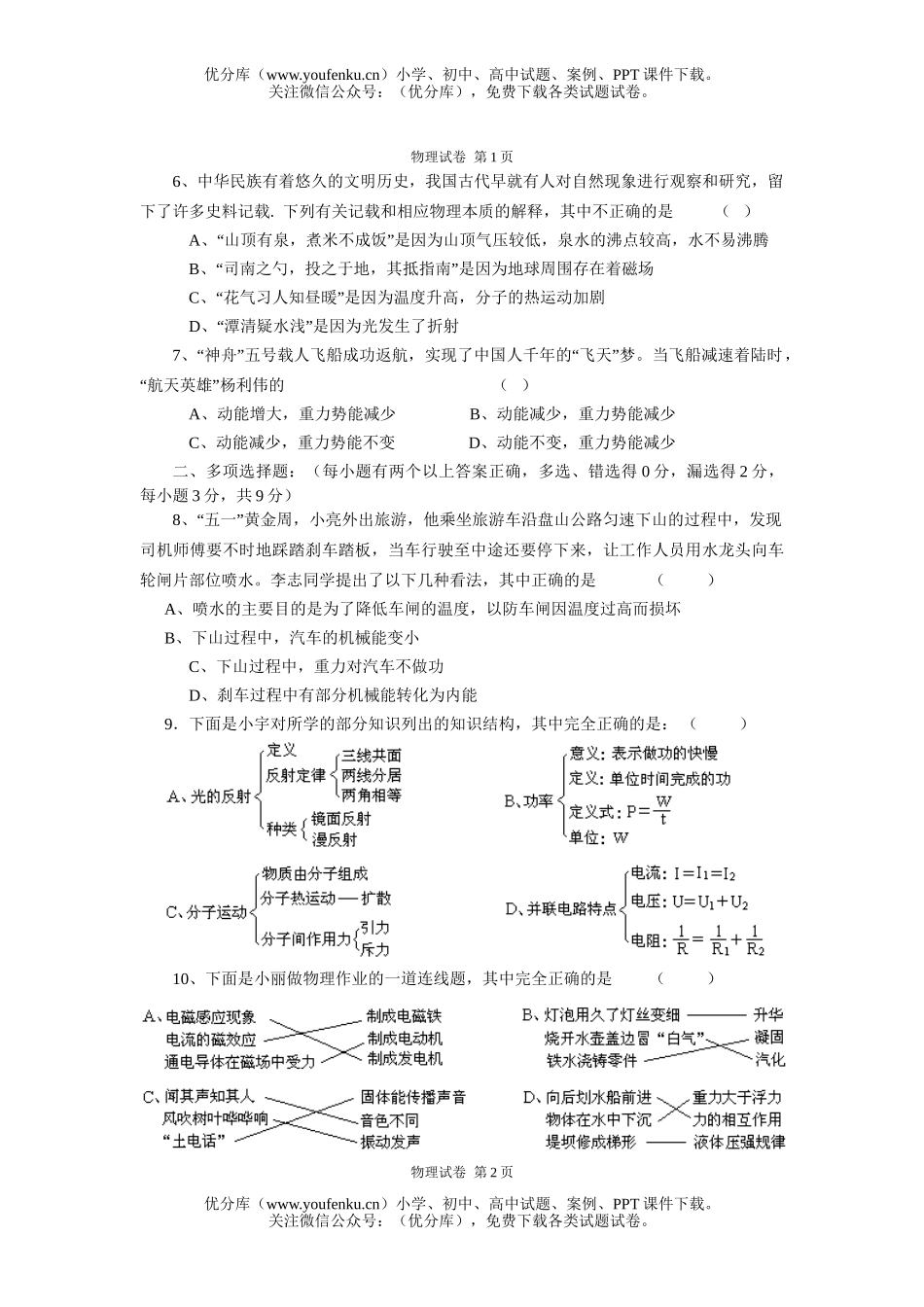 初中物理中考中考模拟题[下学期]试卷_第2页