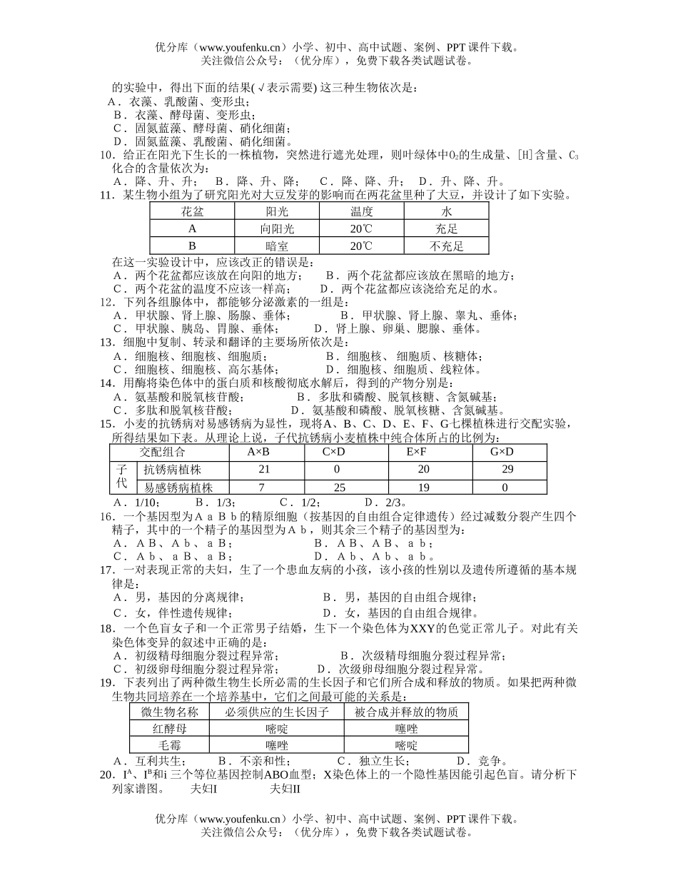 高中二年级生物第二学期期末统测试卷_第2页