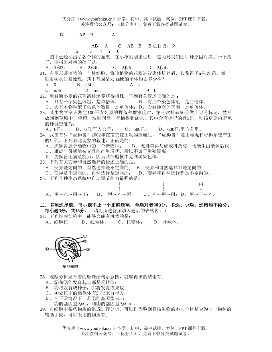 高中二年级生物第二学期期末统测试卷_第3页