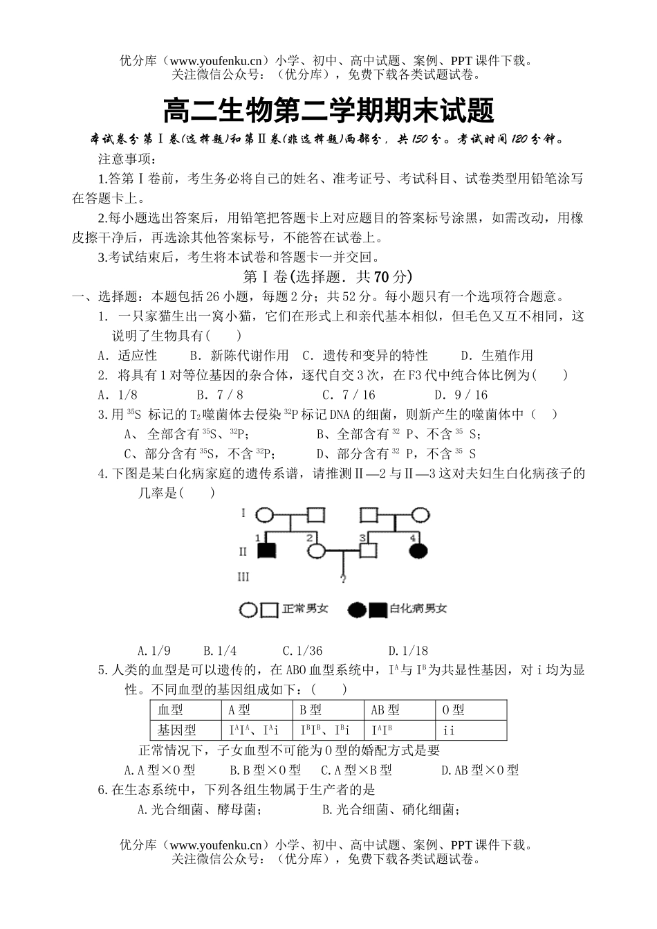 高中二年级生物第二学期期末试卷_第1页