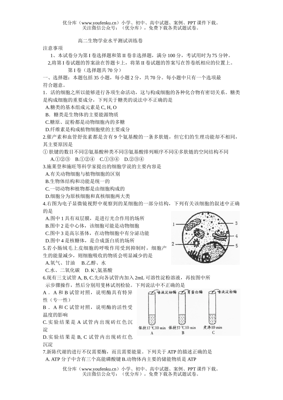 高中二年级生物学业水平测试训练试卷_第1页