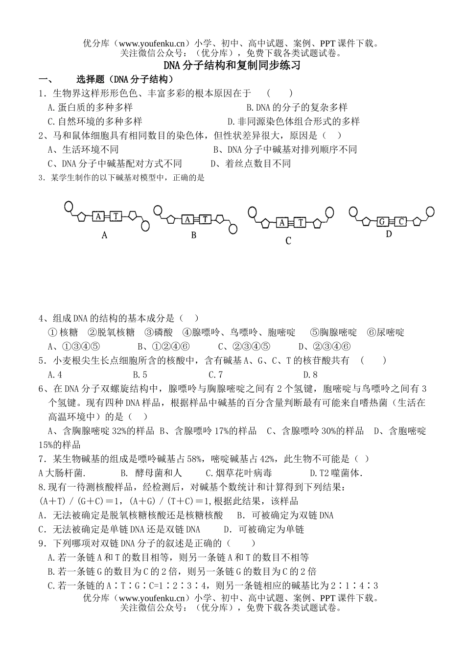 高中二年级生物DNA分子结构和复制同步练习试卷_第1页