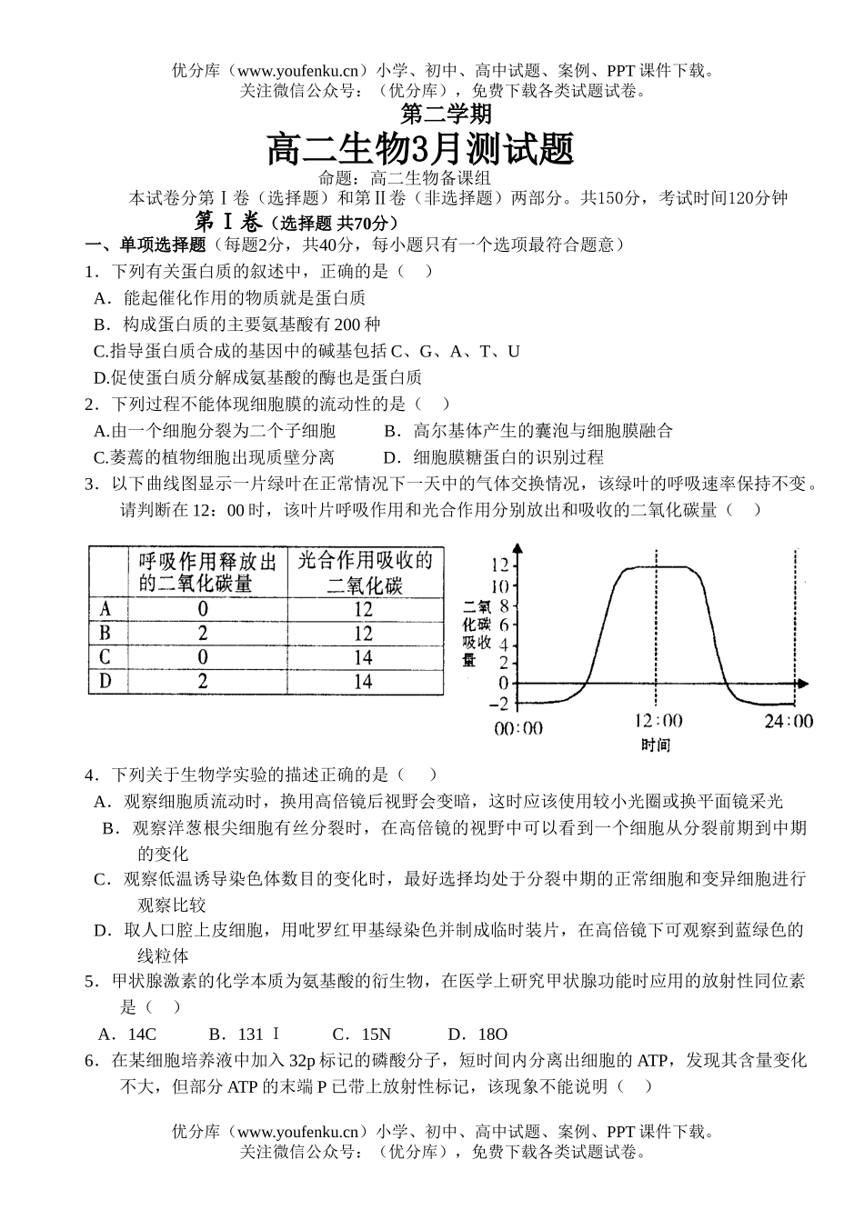 高中二年级生物3月测试卷_第1页