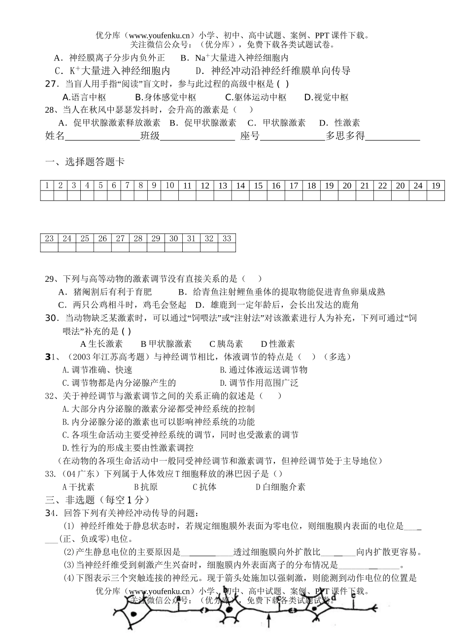 高中二年级生物动物和人体生命活动的调节测试卷_第3页