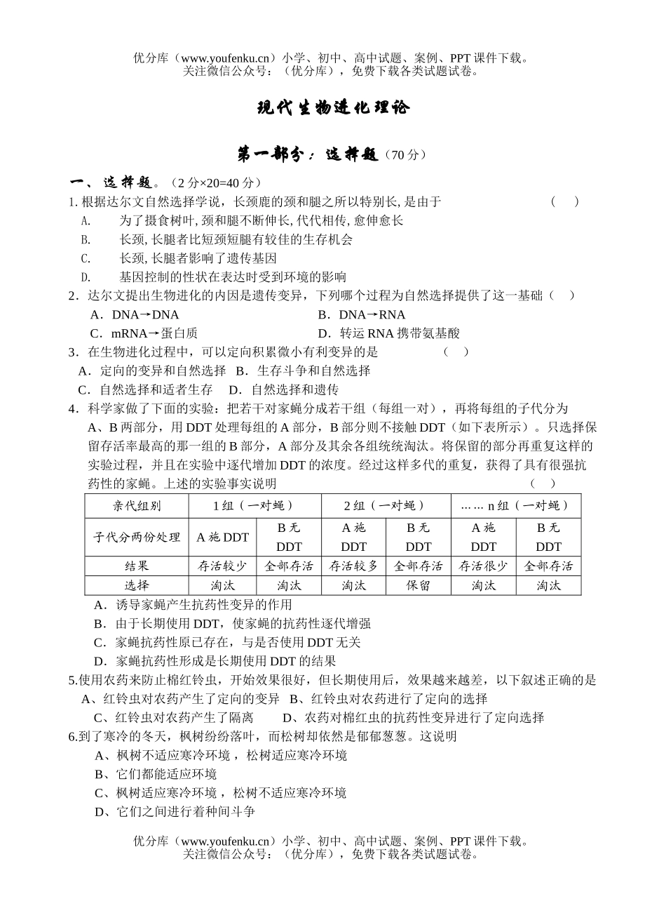 高中二年级生物现代进化理论测试卷_第1页