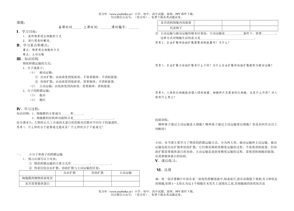 高中二年级生物物质跨膜运输的方式测试卷_第1页