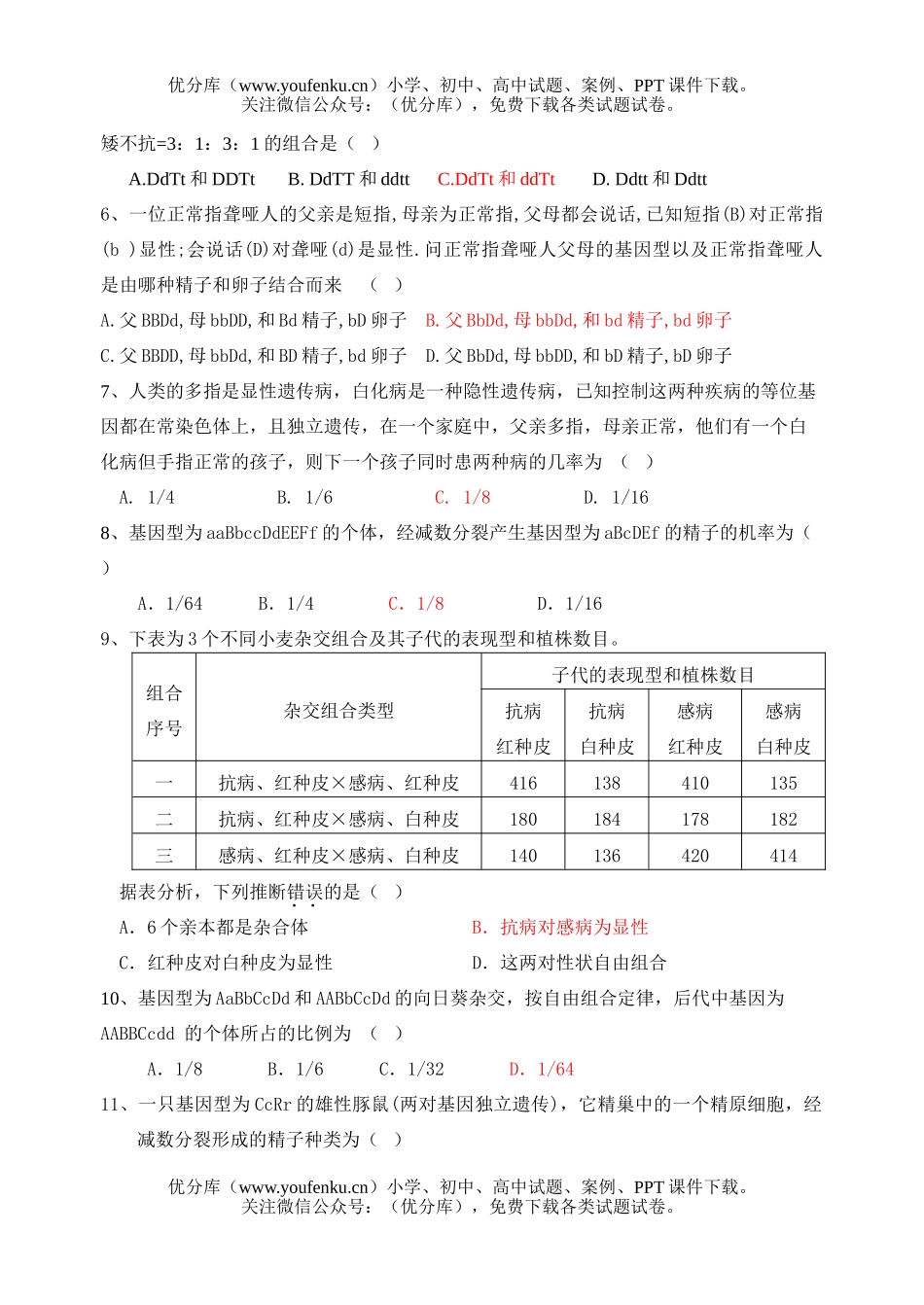 高中二年级生物《必修2》1-3章练习试卷_第2页