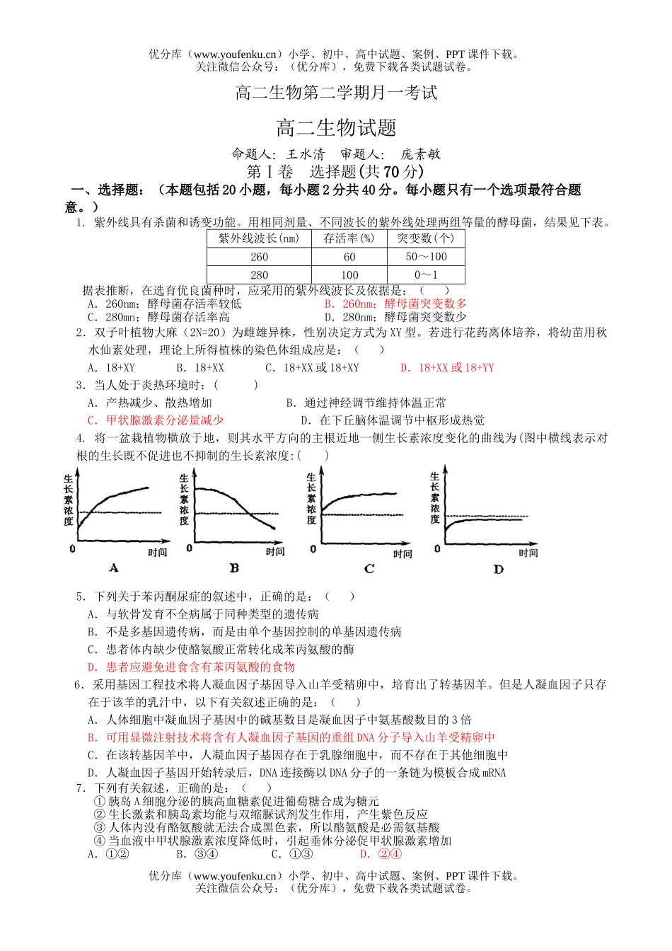 高中二年级生物第二学期月一考试卷_第1页