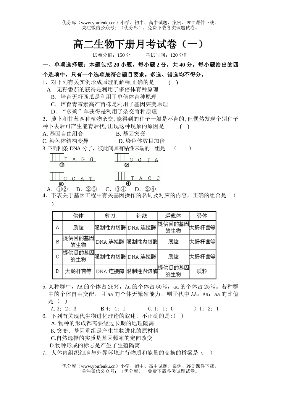 高中二年级生物下册月考1试卷_第1页