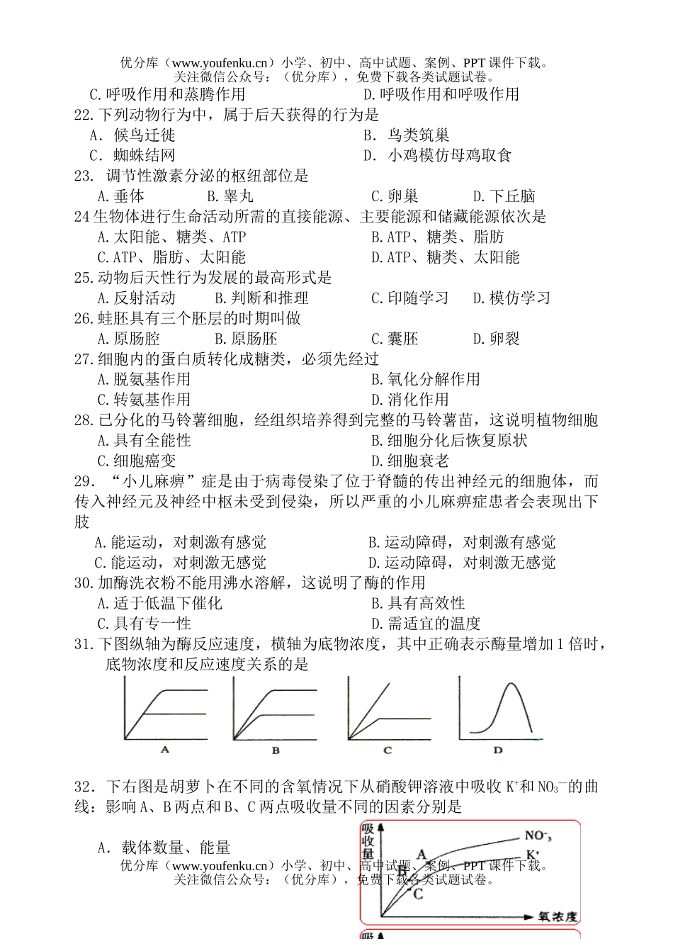 高中二年级生物理科上学期期末考试卷_第2页