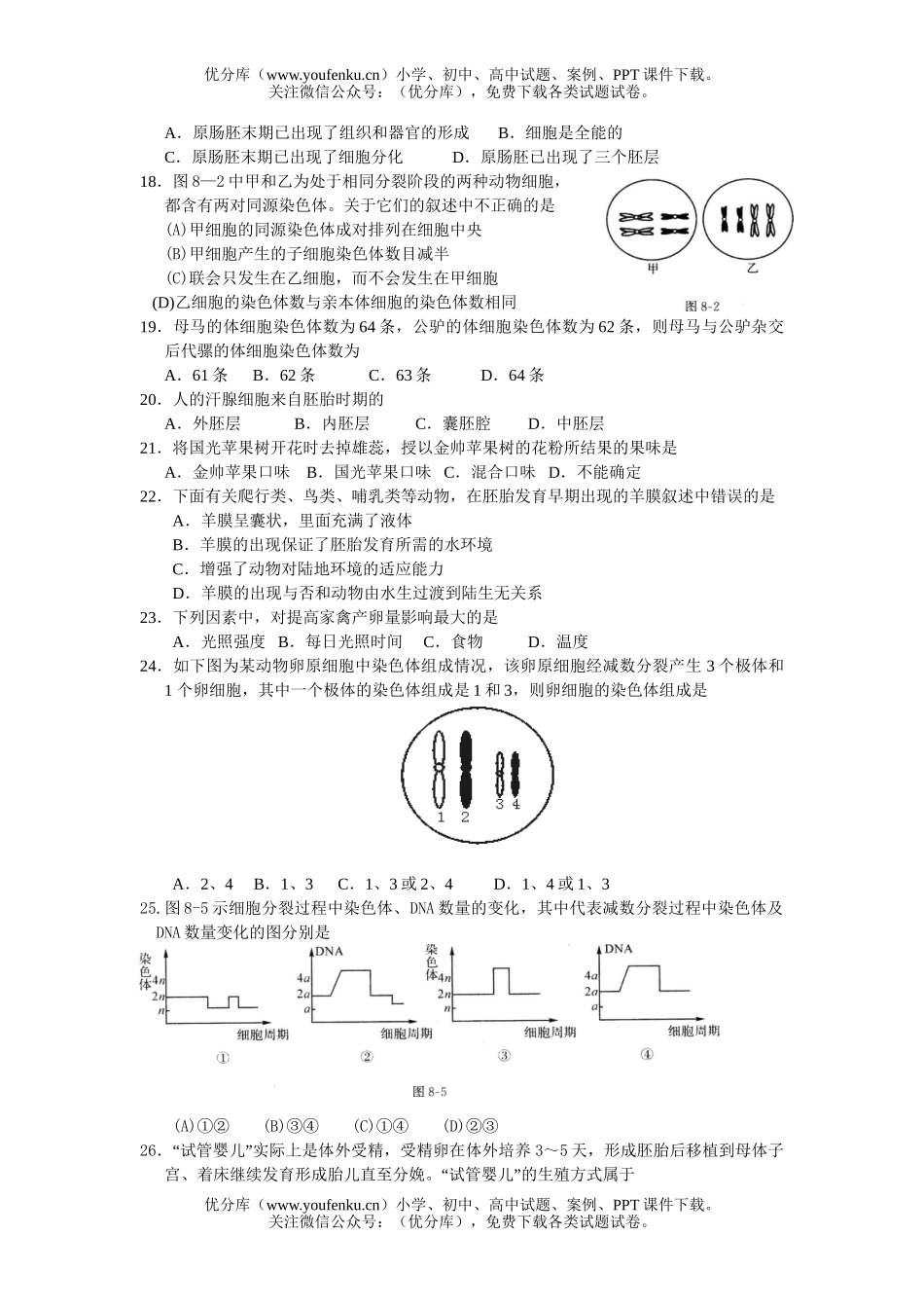 高中二年级生物调节生殖与遗传月考复习训练题试卷_第3页