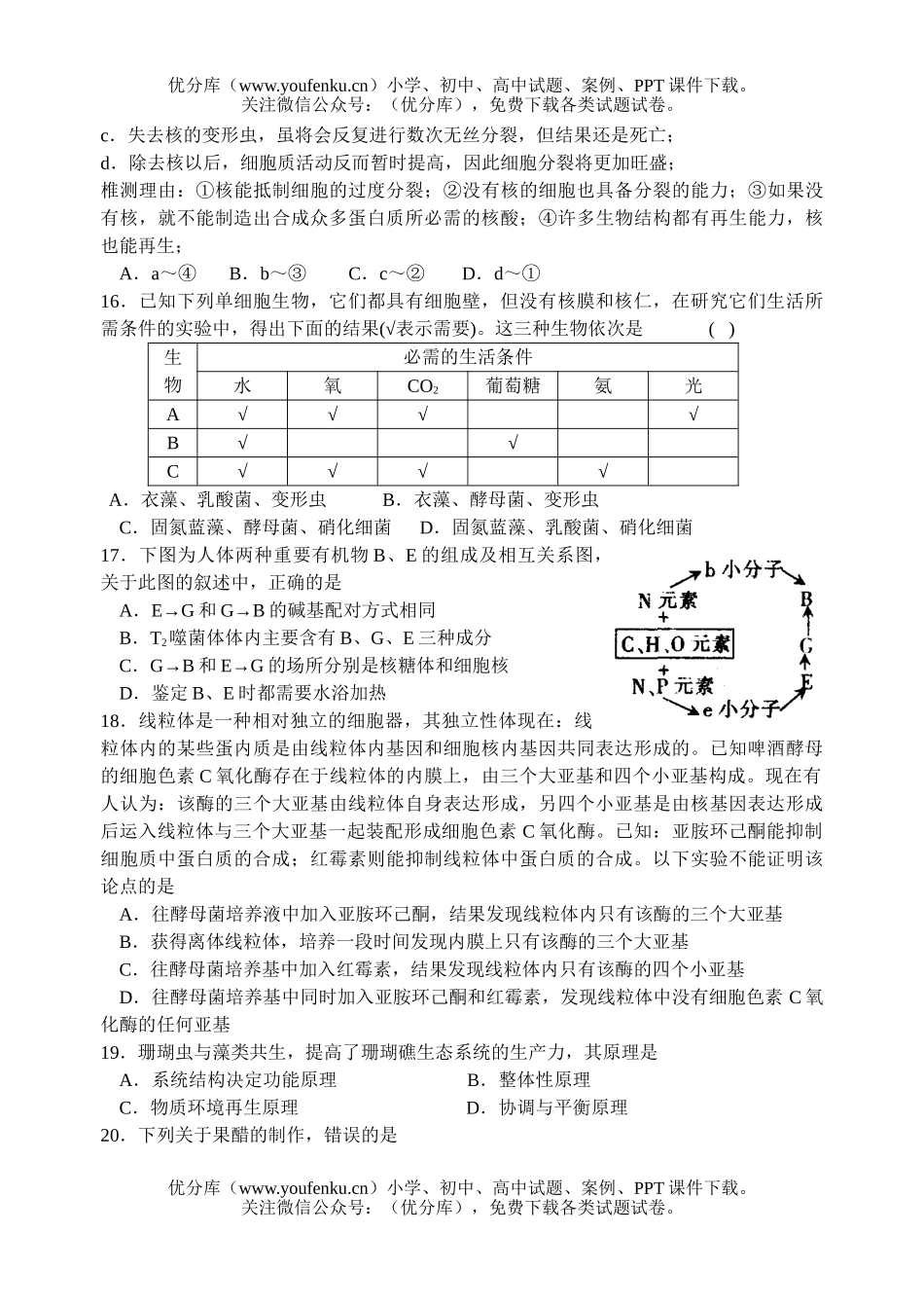 高中二年级生物下学期月考五试卷_第3页