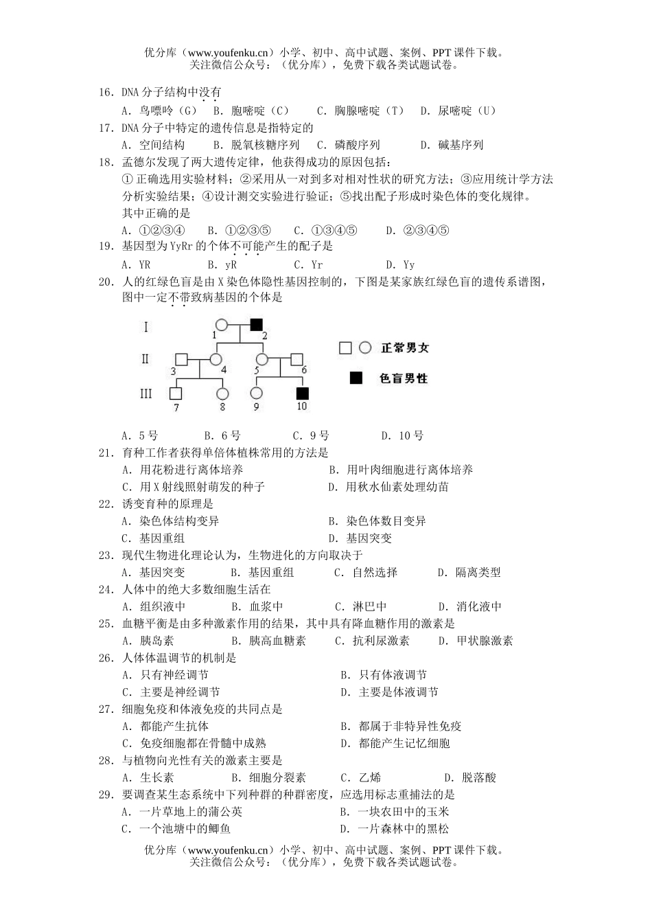 高中二年级生物学业水平测试模拟考试卷_第2页