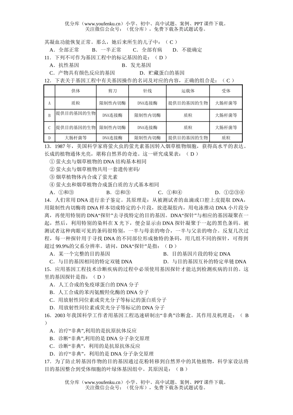 高中二年级生物选修3第一章基因工程习题试卷_第2页