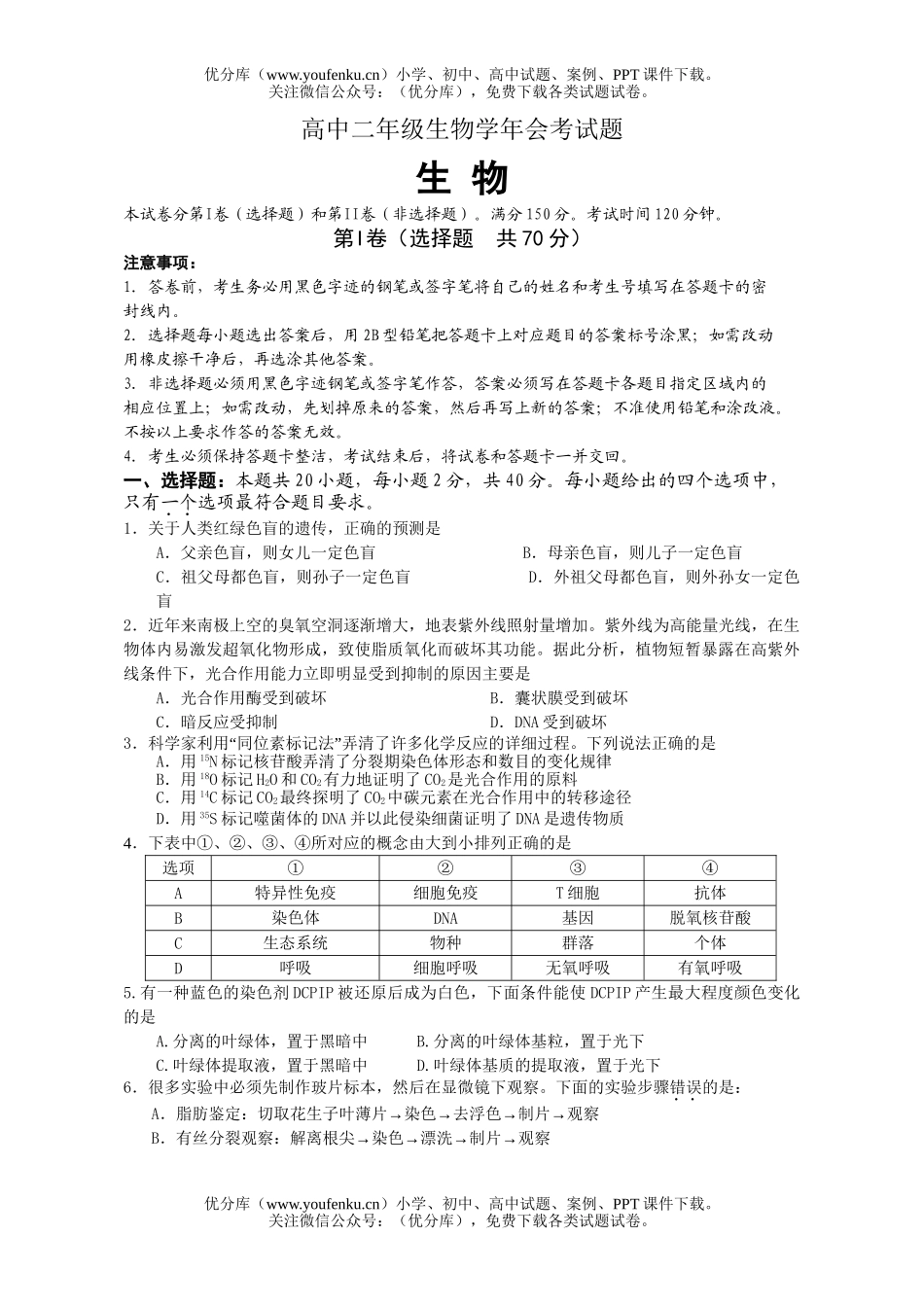 高中二年级生物学年会考试卷_第1页