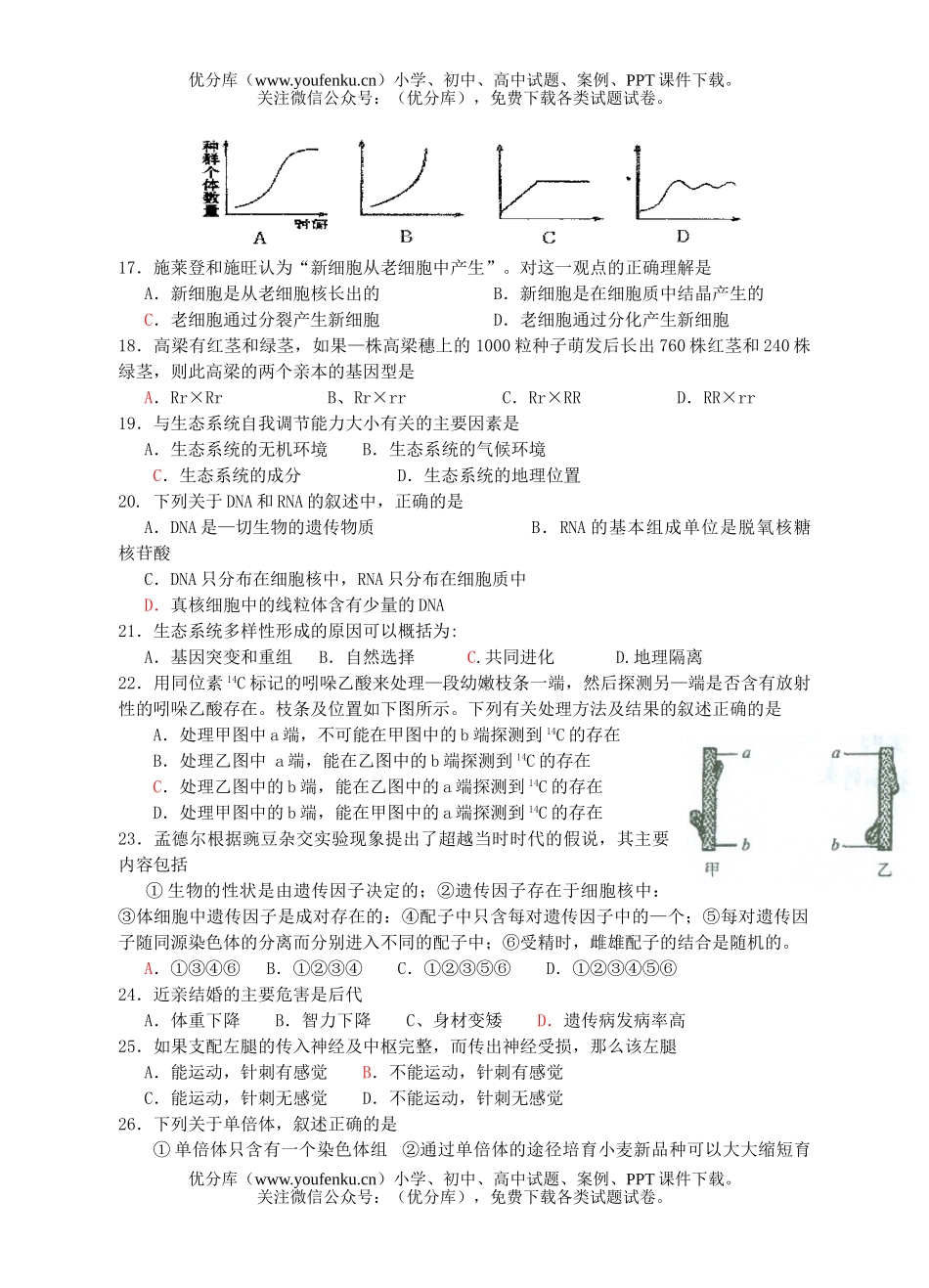 高中二年级生物复习模拟考试卷_第3页
