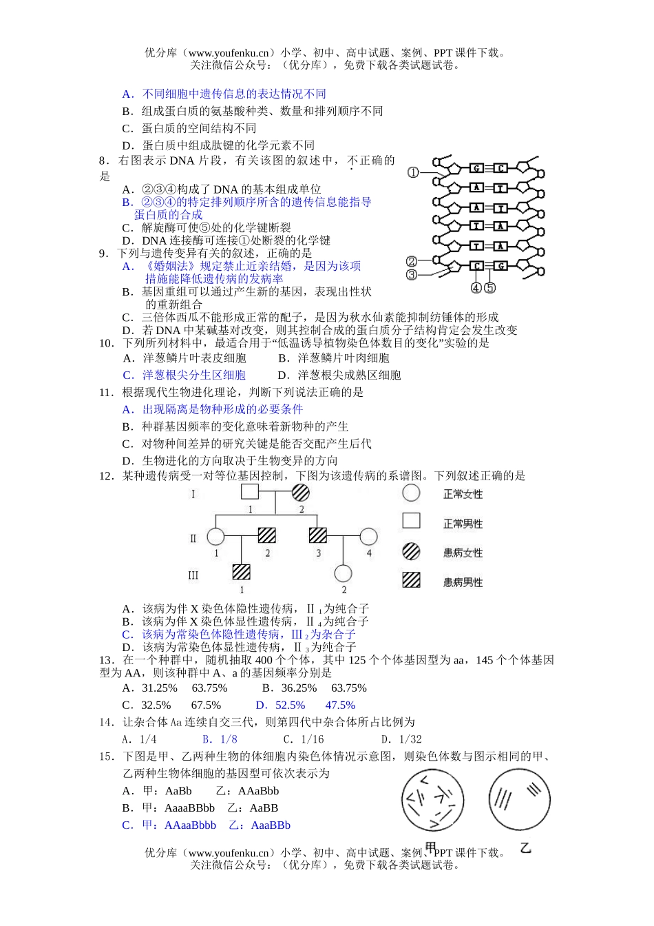 高中二年级生物上册专业班诊断测验试卷_第1页