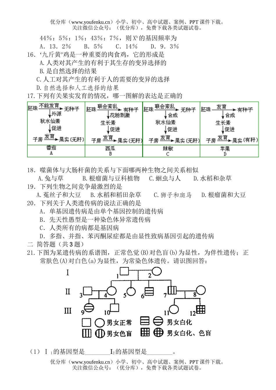 高中二年级生物12月月考试卷_第3页
