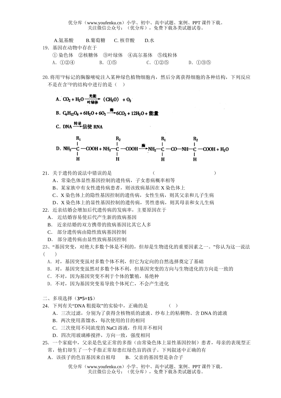 高中二年级生物的遗传与变异单元测试卷_第3页