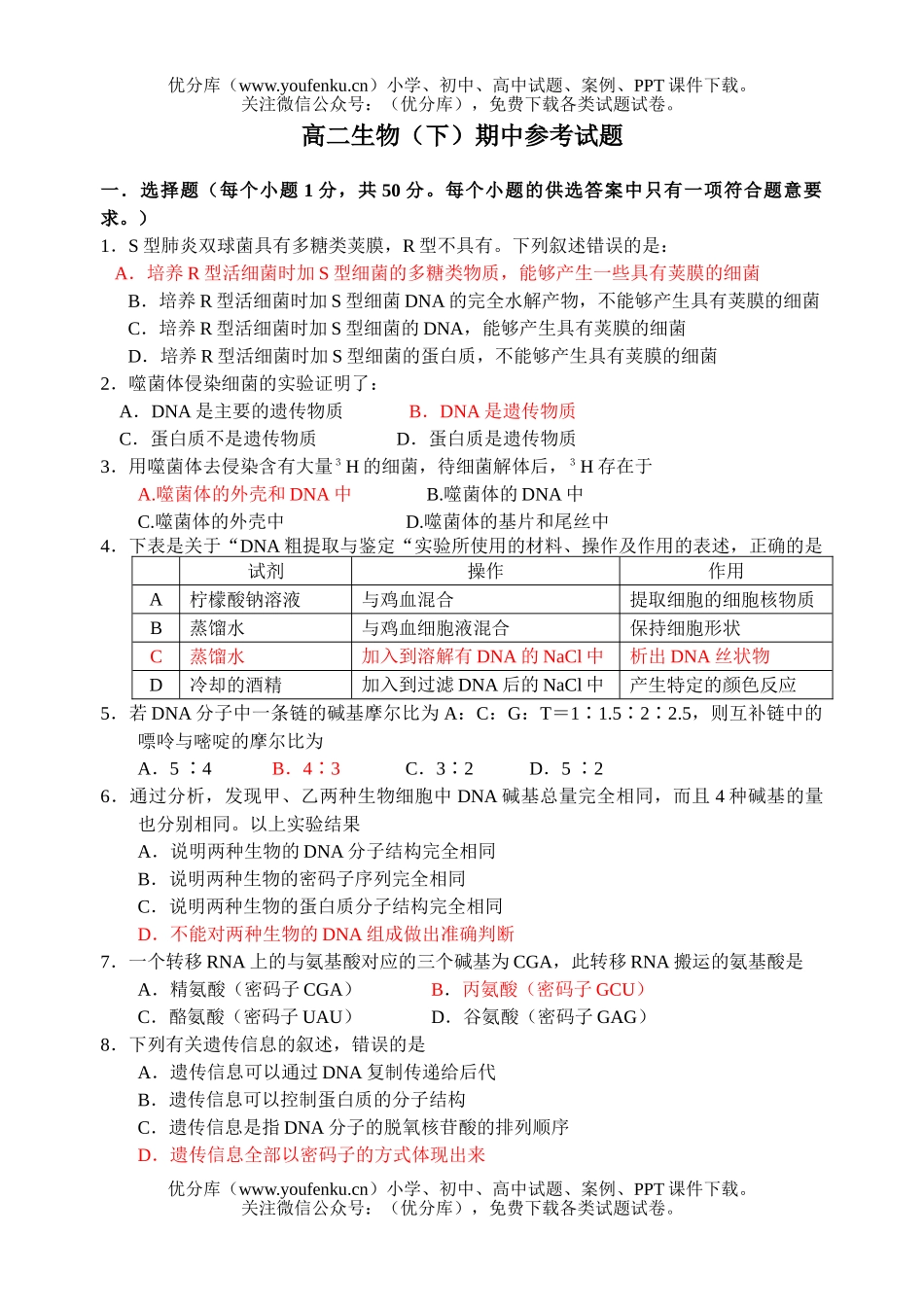 高中二年级生物(下)期中参考试卷_第1页