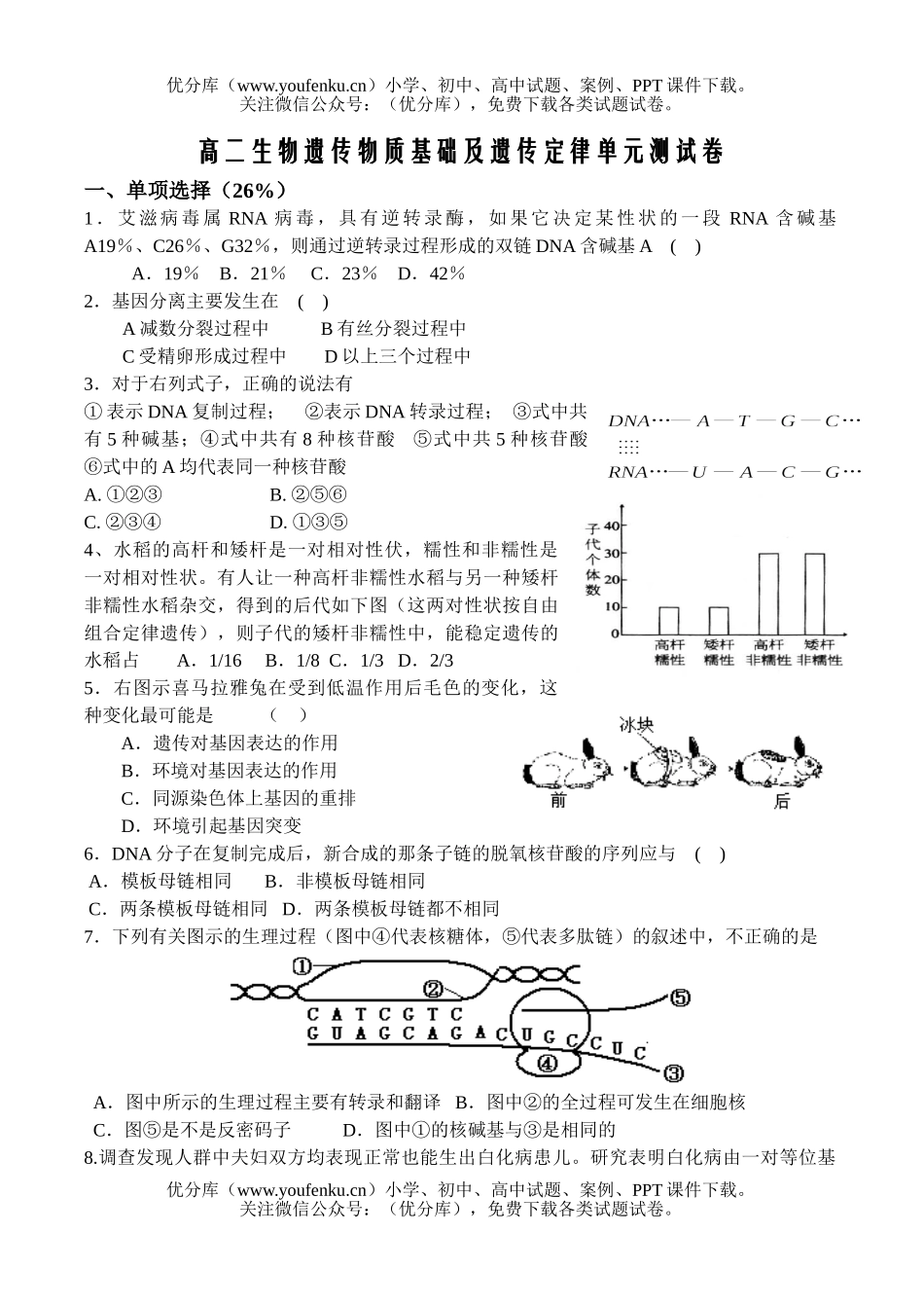 高中二年级生物遗传物质基础及遗传定律测试卷_第1页