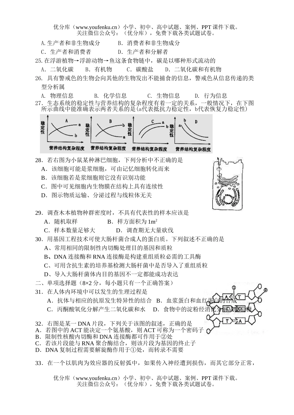 高中二年级生物高学科第一学期期中考试卷_第3页