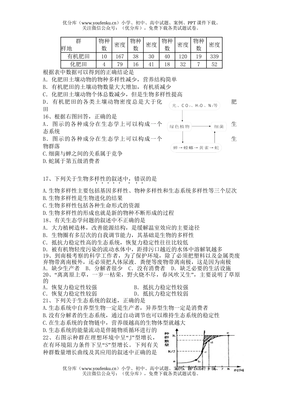 高中二年级生物理科第二学期期中试卷_第3页