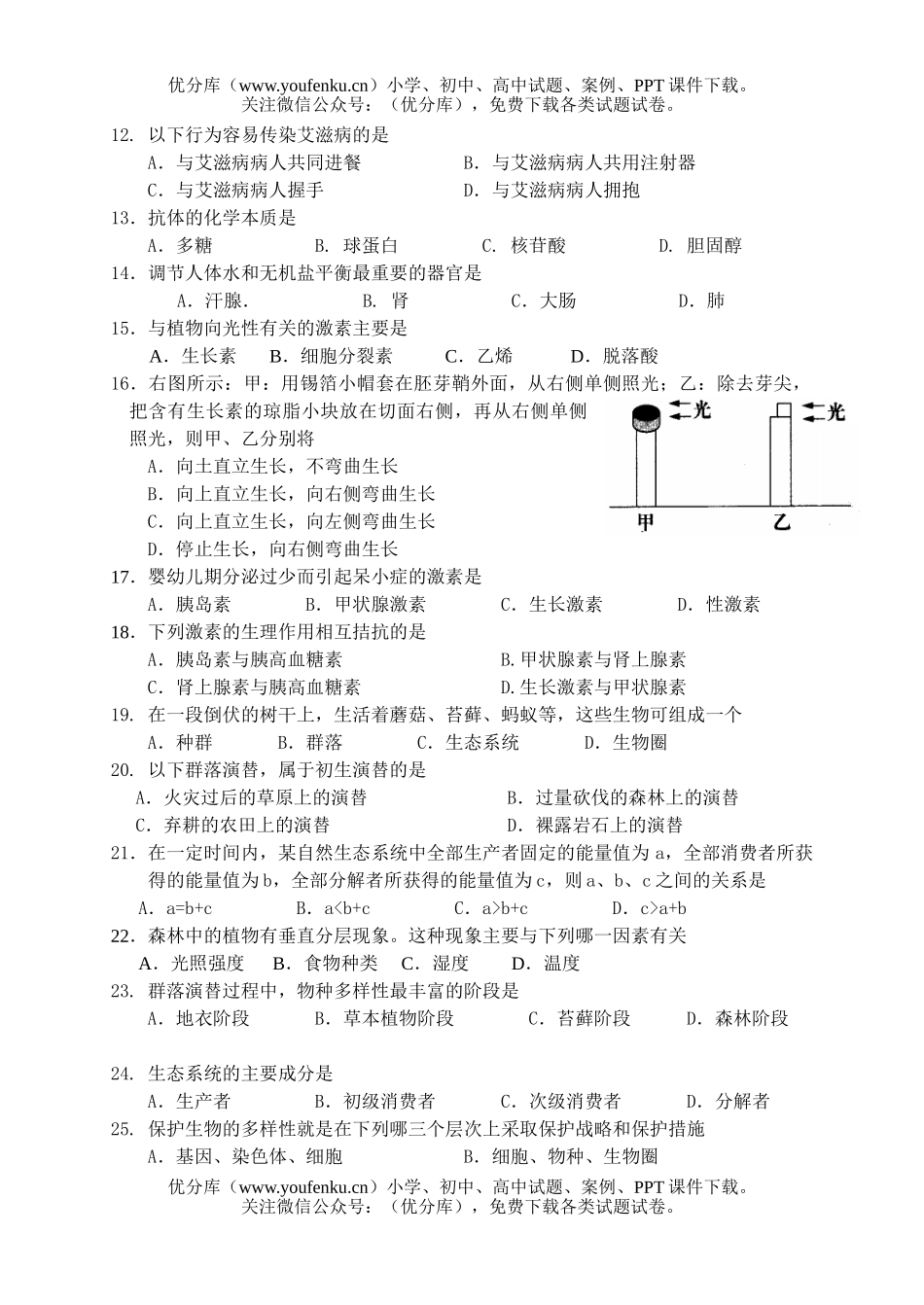 高中二年级生物必修3综合练习试卷_第2页
